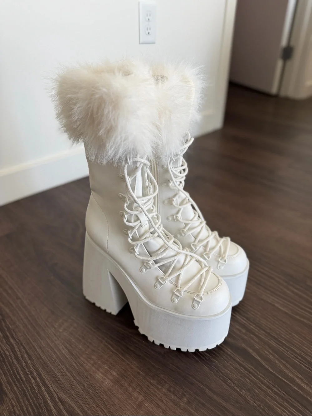 Faux Fur Platform Lace-Up Boots in Cream